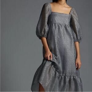 Anthropologie Textured Puff Sleeve Midi Dress Silver Gray Size Large